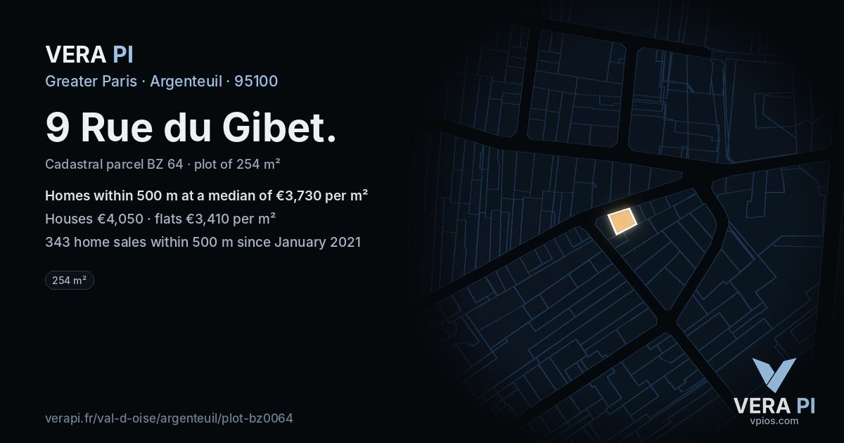 9 Rue du Gibet, Argenteuil at night – the plot lit, the parcels around coloured by the prices near them