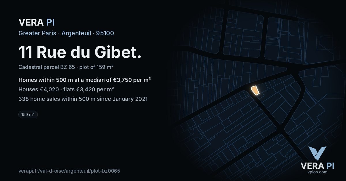 11 Rue du Gibet, Argenteuil at night – the plot lit, the parcels around coloured by the prices near them