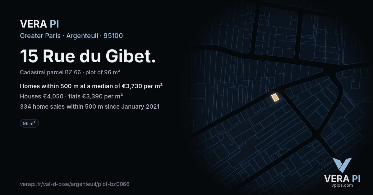 15 Rue du Gibet, Argenteuil at night – the plot lit, the parcels around coloured by the prices near them