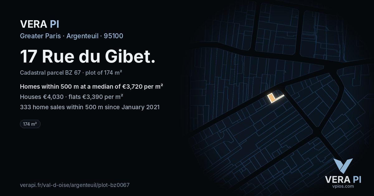 17 Rue du Gibet, Argenteuil at night – the plot lit, the parcels around coloured by the prices near them