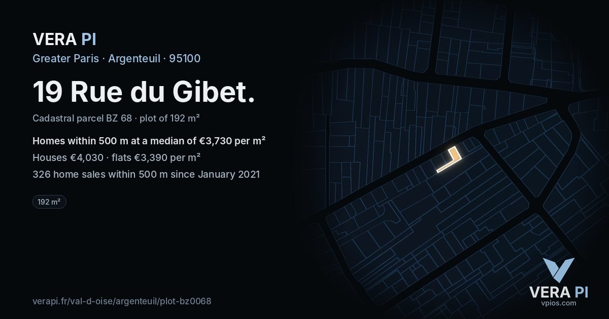 19 Rue du Gibet, Argenteuil at night – the plot lit, the parcels around coloured by the prices near them