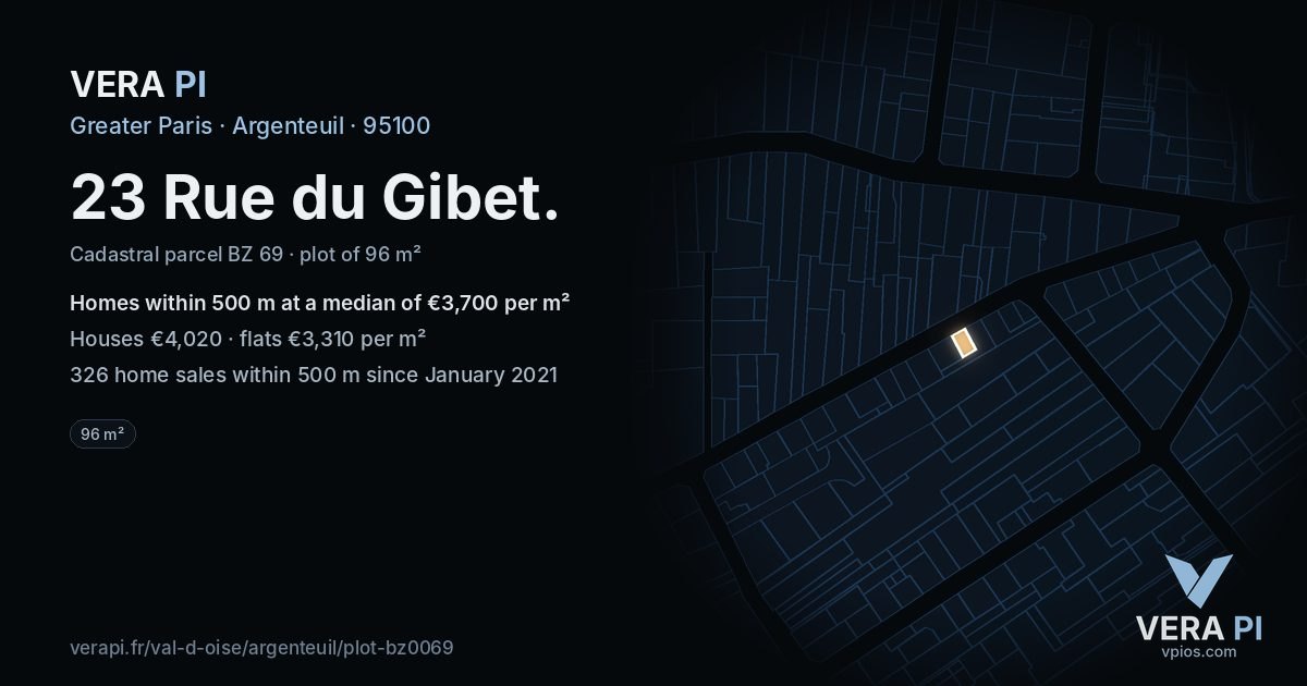 23 Rue du Gibet, Argenteuil at night – the plot lit, the parcels around coloured by the prices near them