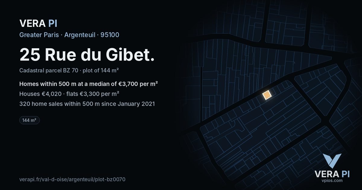 25 Rue du Gibet, Argenteuil at night – the plot lit, the parcels around coloured by the prices near them