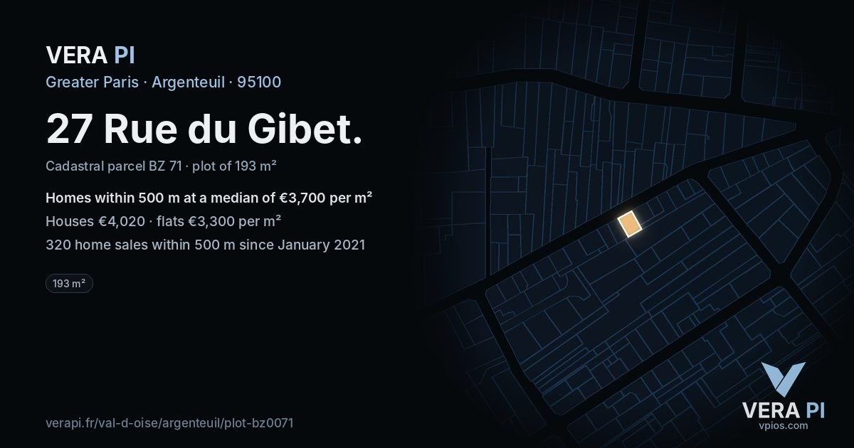27 Rue du Gibet, Argenteuil at night – the plot lit, the parcels around coloured by the prices near them