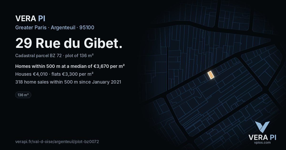 29 Rue du Gibet, Argenteuil at night – the plot lit, the parcels around coloured by the prices near them
