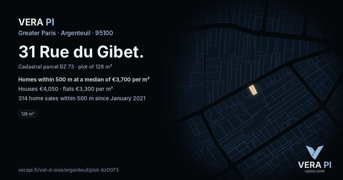 31 Rue du Gibet, Argenteuil at night – the plot lit, the parcels around coloured by the prices near them
