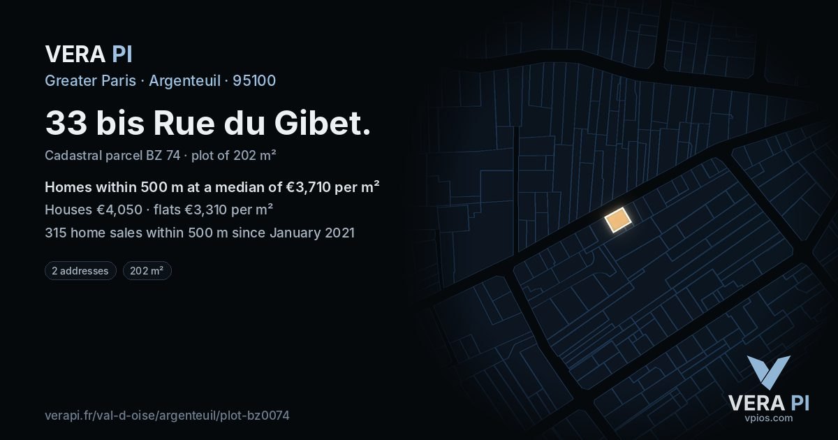 33 bis Rue du Gibet, Argenteuil at night – the plot lit, the parcels around coloured by the prices near them