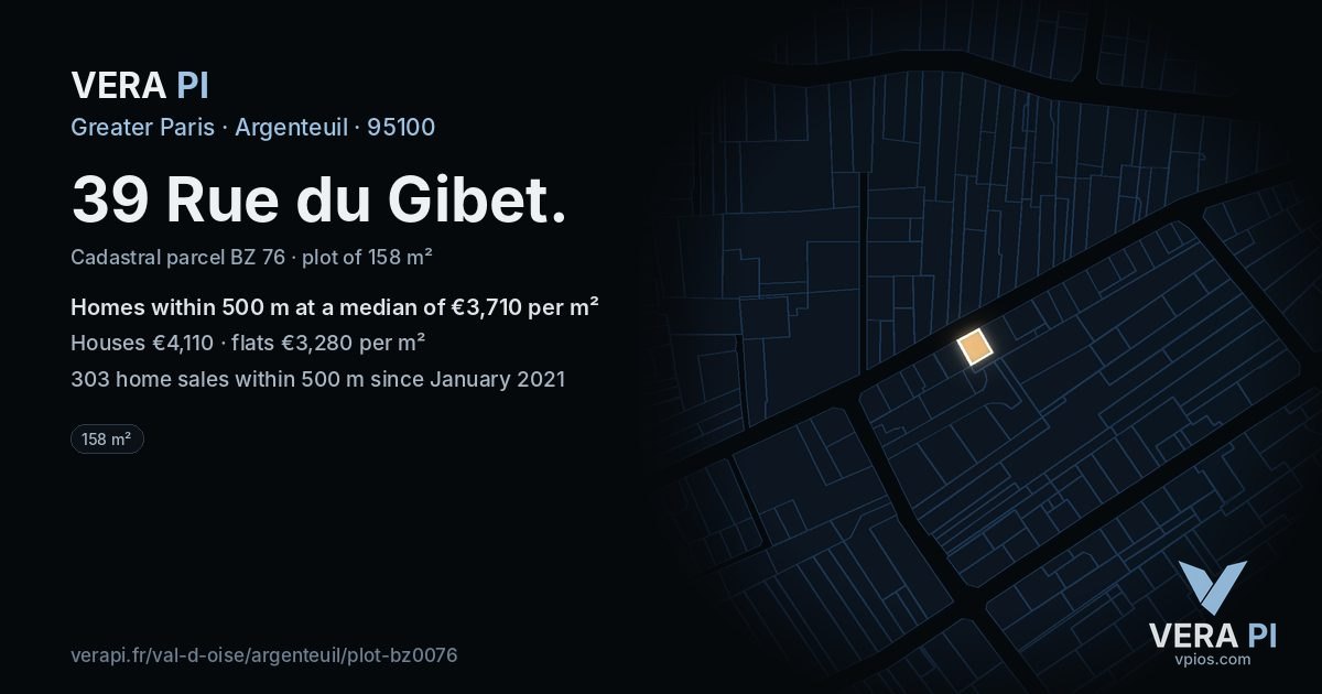 39 Rue du Gibet, Argenteuil at night – the plot lit, the parcels around coloured by the prices near them