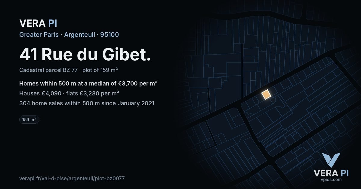 41 Rue du Gibet, Argenteuil at night – the plot lit, the parcels around coloured by the prices near them