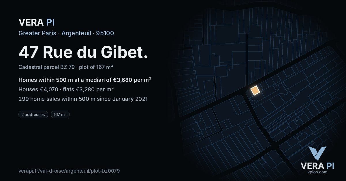 47 Rue du Gibet, Argenteuil at night – the plot lit, the parcels around coloured by the prices near them