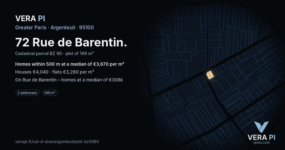72 Rue de Barentin, Argenteuil at night – the plot lit, the parcels around coloured by the prices near them