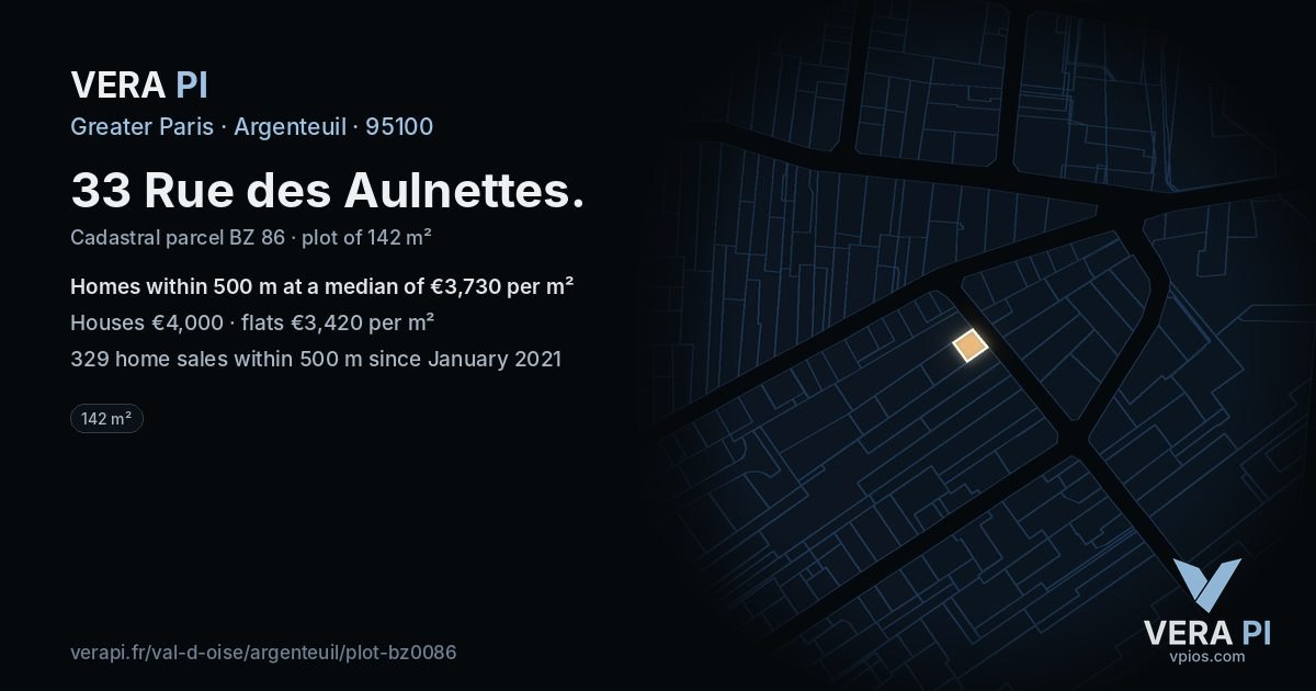 33 Rue des Aulnettes, Argenteuil at night – the plot lit, the parcels around coloured by the prices near them