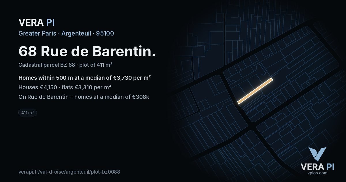 68 Rue de Barentin, Argenteuil at night – the plot lit, the parcels around coloured by the prices near them