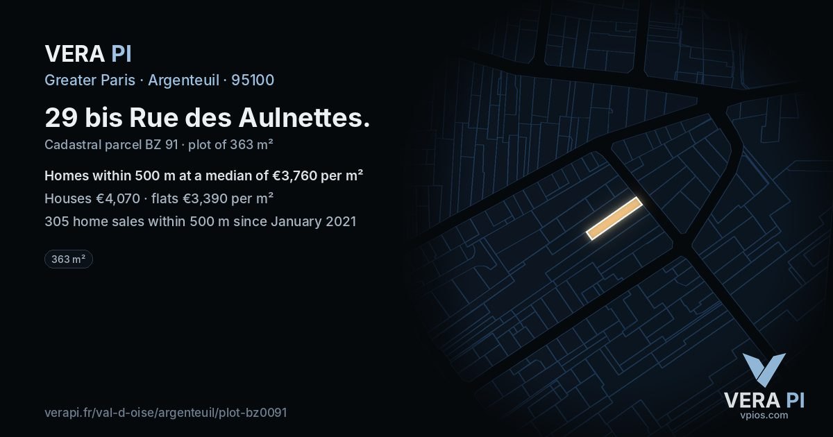 29 bis Rue des Aulnettes, Argenteuil at night – the plot lit, the parcels around coloured by the prices near them
