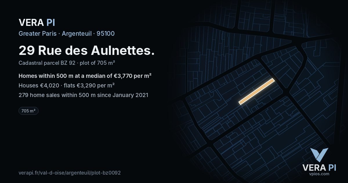 29 Rue des Aulnettes, Argenteuil at night – the plot lit, the parcels around coloured by the prices near them