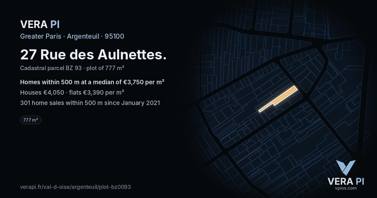 27 Rue des Aulnettes, Argenteuil at night – the plot lit, the parcels around coloured by the prices near them