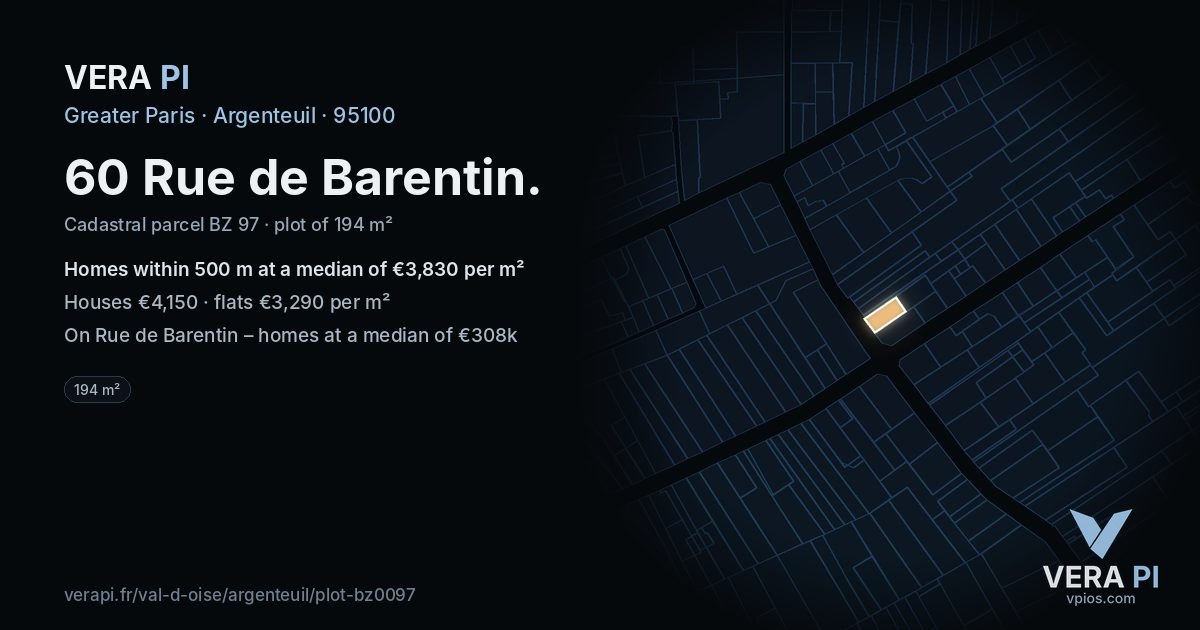 60 Rue de Barentin, Argenteuil at night – the plot lit, the parcels around coloured by the prices near them