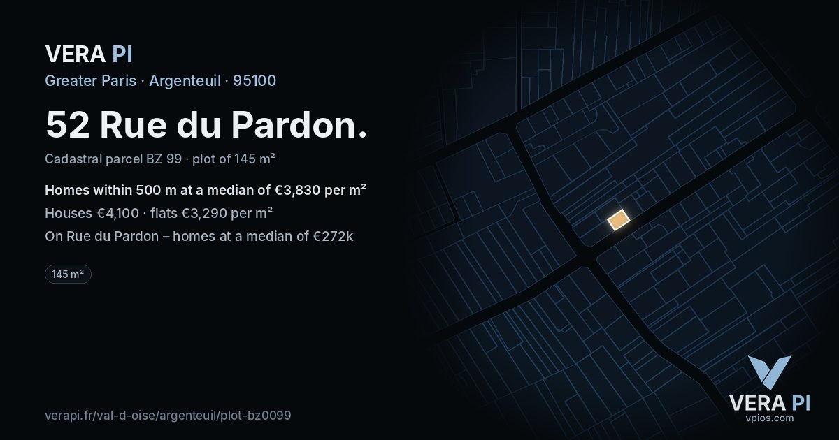 52 Rue du Pardon, Argenteuil at night – the plot lit, the parcels around coloured by the prices near them