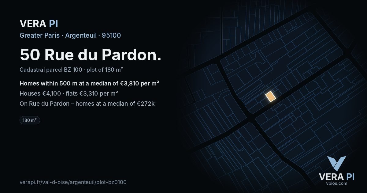 50 Rue du Pardon, Argenteuil at night – the plot lit, the parcels around coloured by the prices near them
