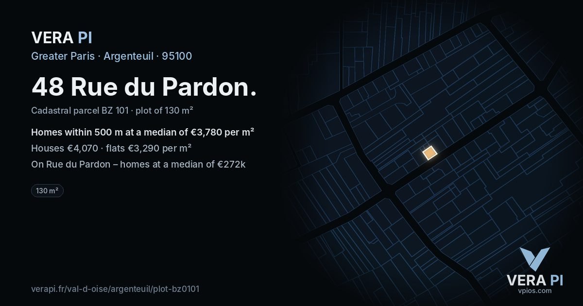 48 Rue du Pardon, Argenteuil at night – the plot lit, the parcels around coloured by the prices near them