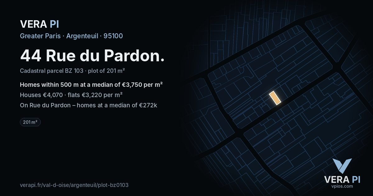 44 Rue du Pardon, Argenteuil at night – the plot lit, the parcels around coloured by the prices near them