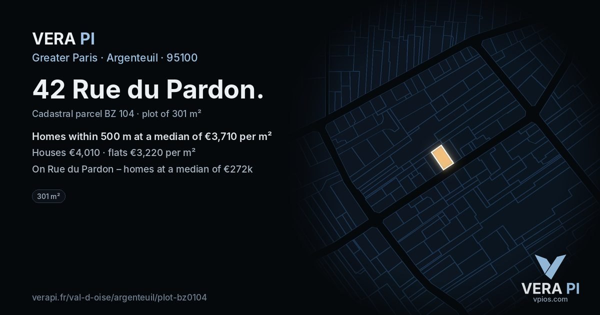 42 Rue du Pardon, Argenteuil at night – the plot lit, the parcels around coloured by the prices near them