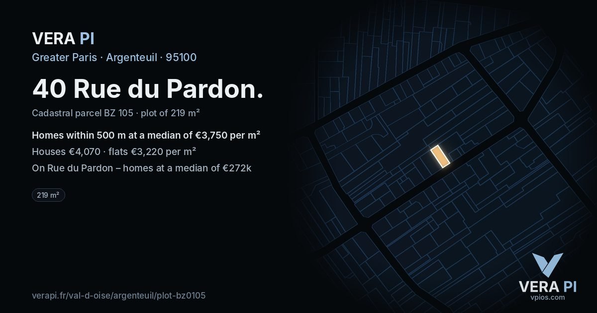 40 Rue du Pardon, Argenteuil at night – the plot lit, the parcels around coloured by the prices near them