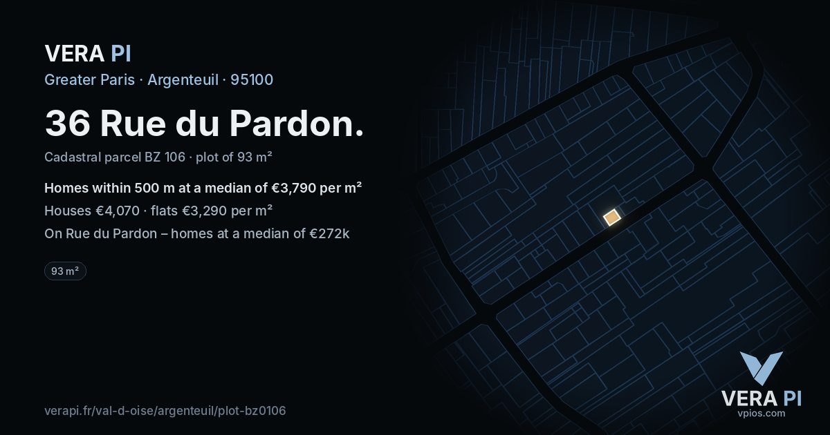 36 Rue du Pardon, Argenteuil at night – the plot lit, the parcels around coloured by the prices near them