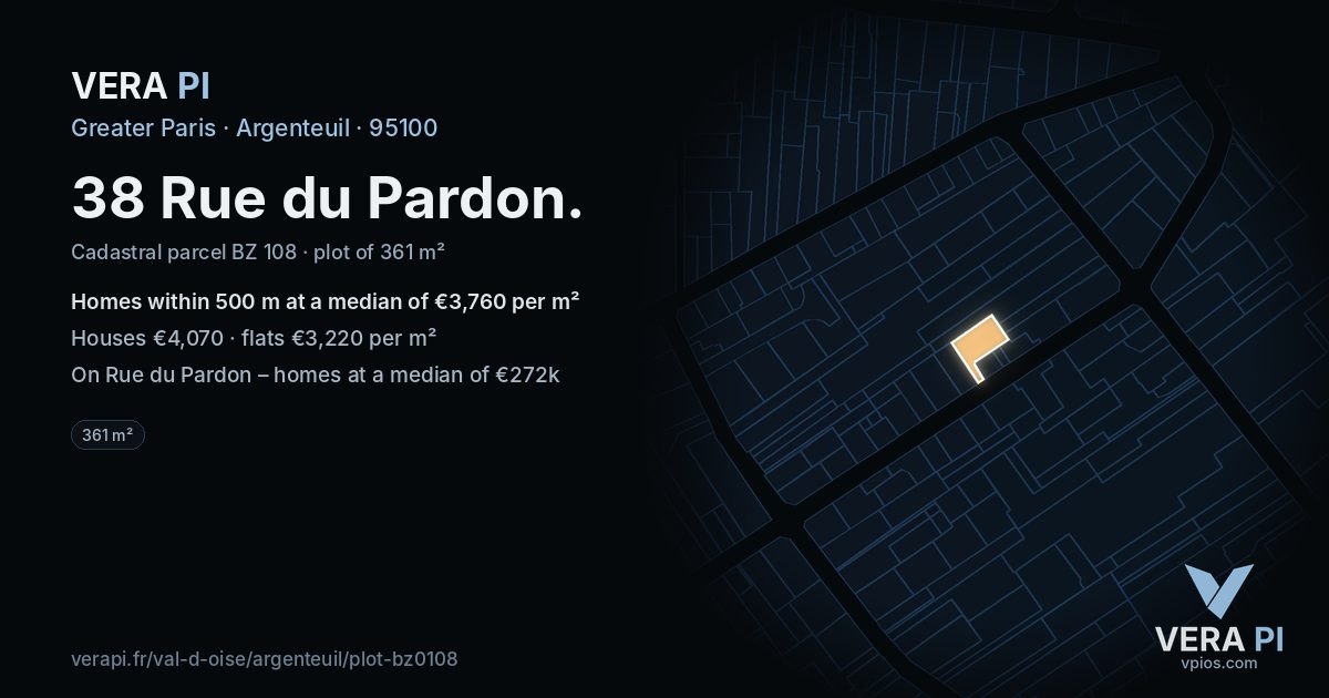 38 Rue du Pardon, Argenteuil at night – the plot lit, the parcels around coloured by the prices near them