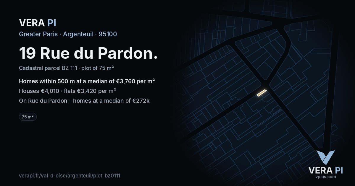 19 Rue du Pardon, Argenteuil at night – the plot lit, the parcels around coloured by the prices near them