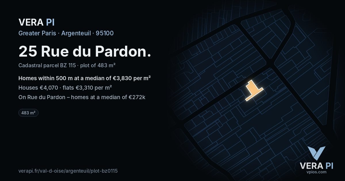25 Rue du Pardon, Argenteuil at night – the plot lit, the parcels around coloured by the prices near them