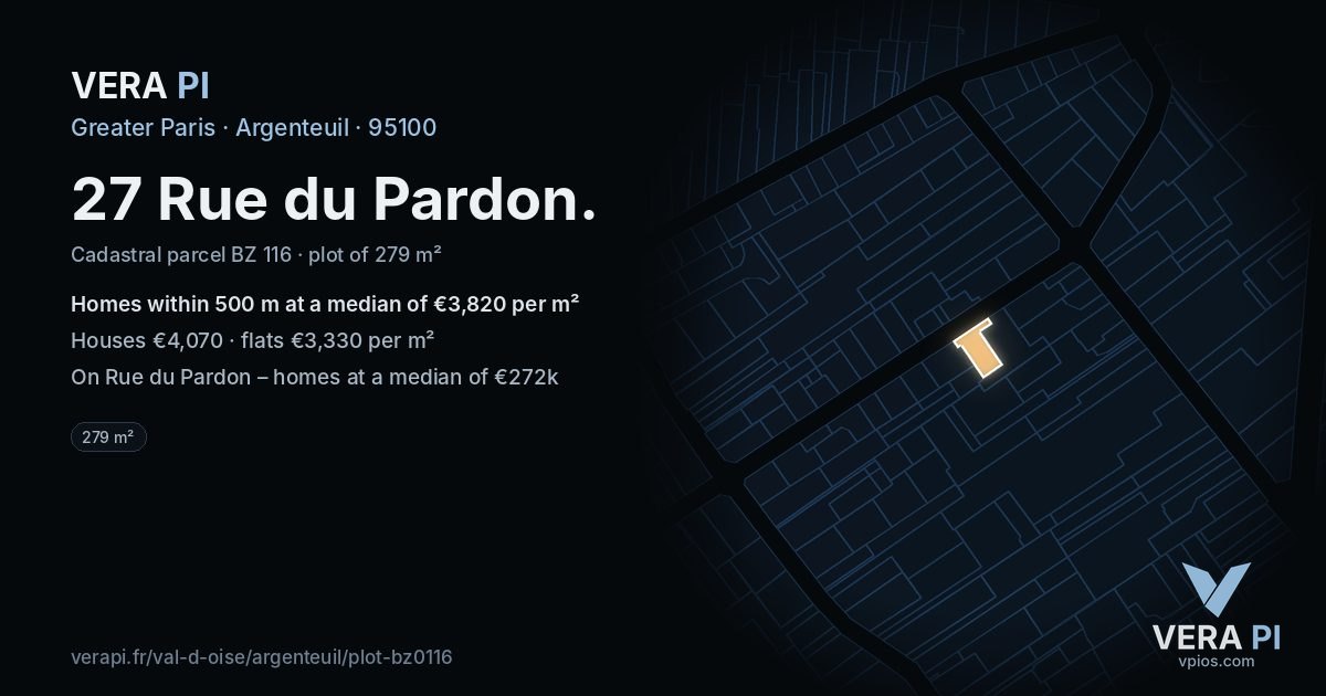 27 Rue du Pardon, Argenteuil at night – the plot lit, the parcels around coloured by the prices near them
