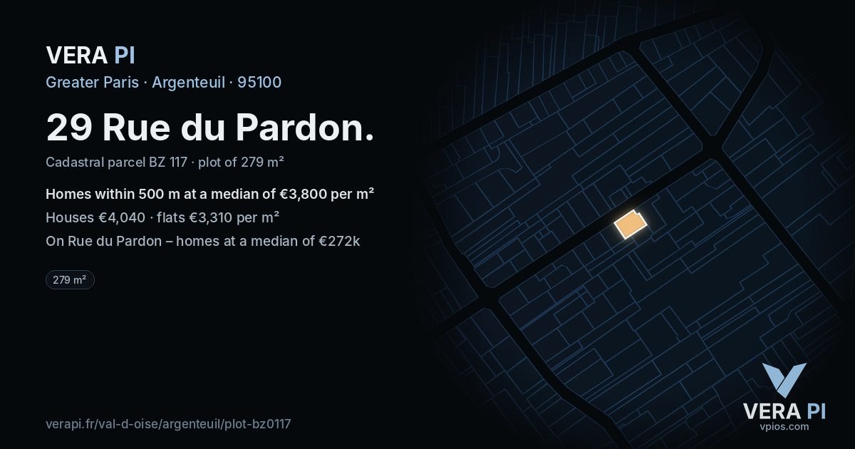 29 Rue du Pardon, Argenteuil at night – the plot lit, the parcels around coloured by the prices near them