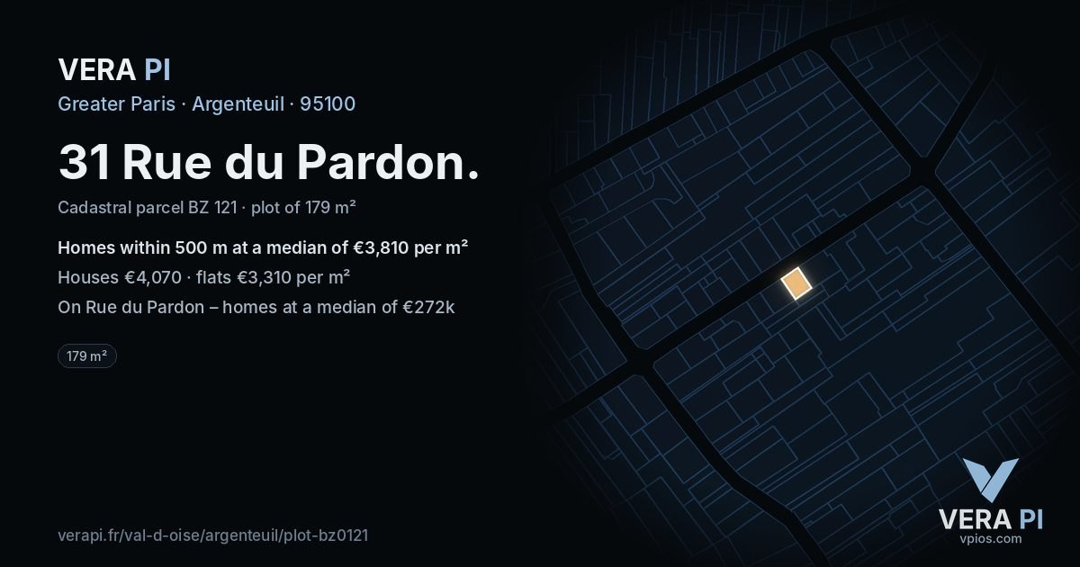 31 Rue du Pardon, Argenteuil at night – the plot lit, the parcels around coloured by the prices near them