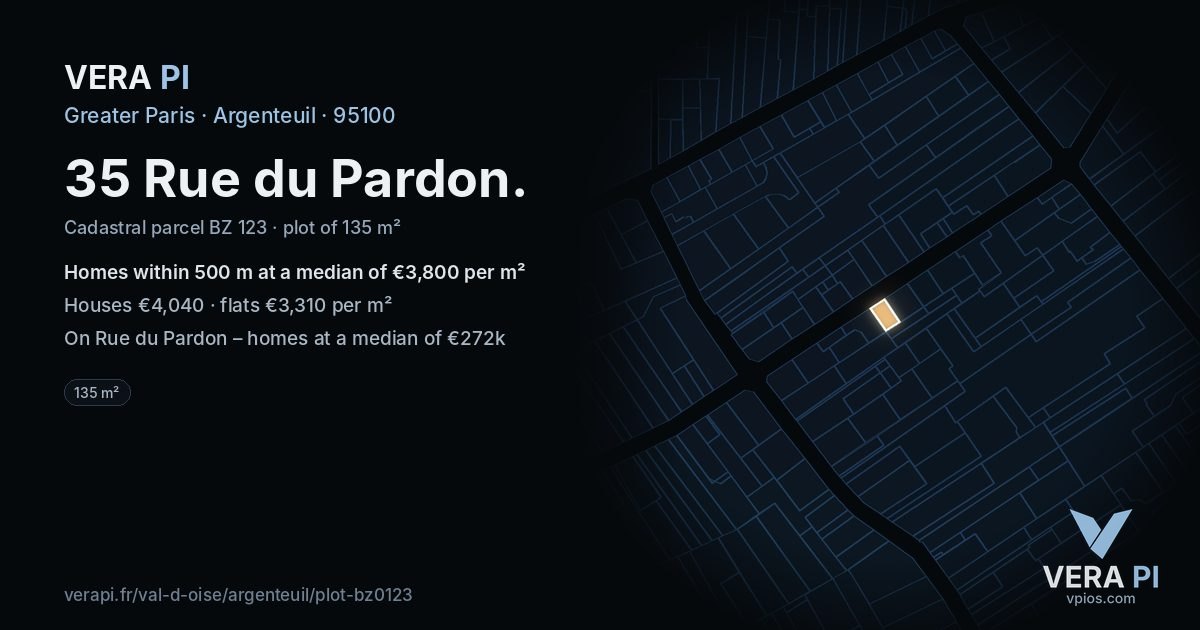 35 Rue du Pardon, Argenteuil at night – the plot lit, the parcels around coloured by the prices near them
