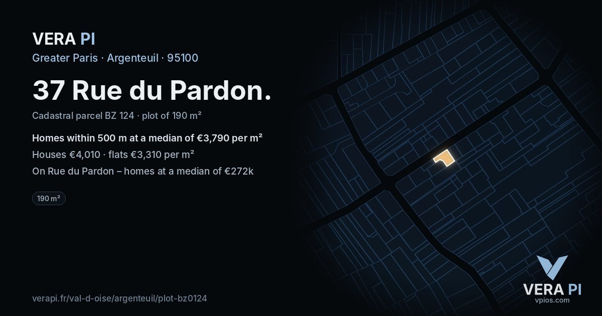 37 Rue du Pardon, Argenteuil at night – the plot lit, the parcels around coloured by the prices near them