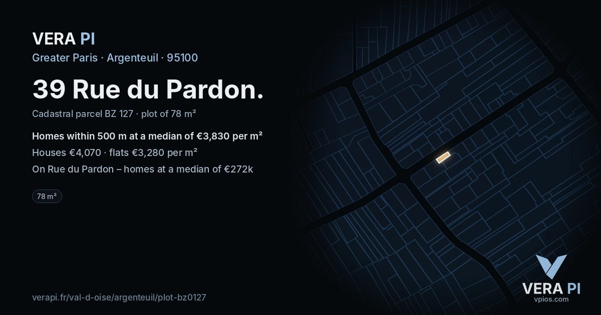 39 Rue du Pardon, Argenteuil at night – the plot lit, the parcels around coloured by the prices near them