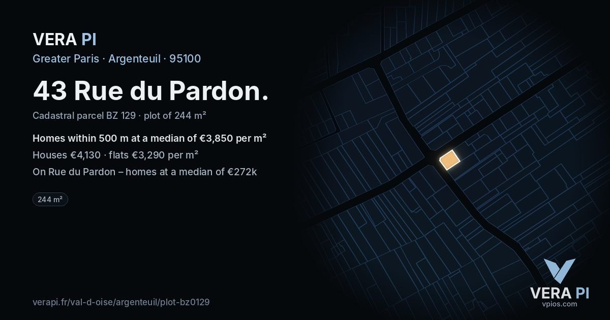 43 Rue du Pardon, Argenteuil at night – the plot lit, the parcels around coloured by the prices near them