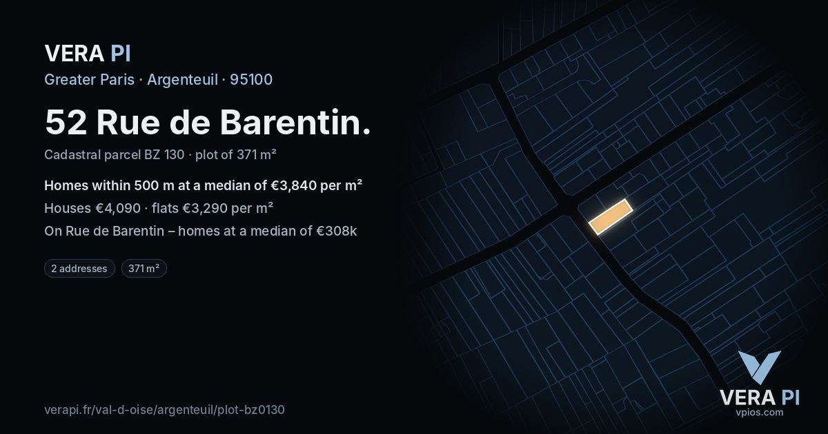 52 Rue de Barentin, Argenteuil at night – the plot lit, the parcels around coloured by the prices near them