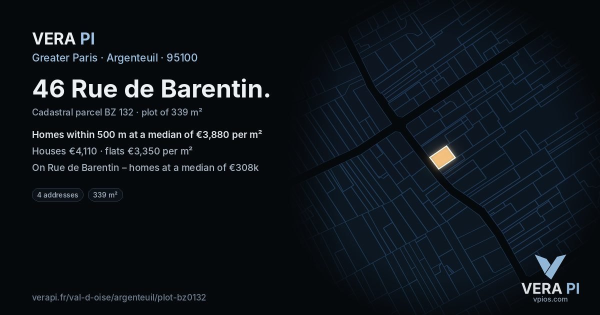46 Rue de Barentin, Argenteuil at night – the plot lit, the parcels around coloured by the prices near them