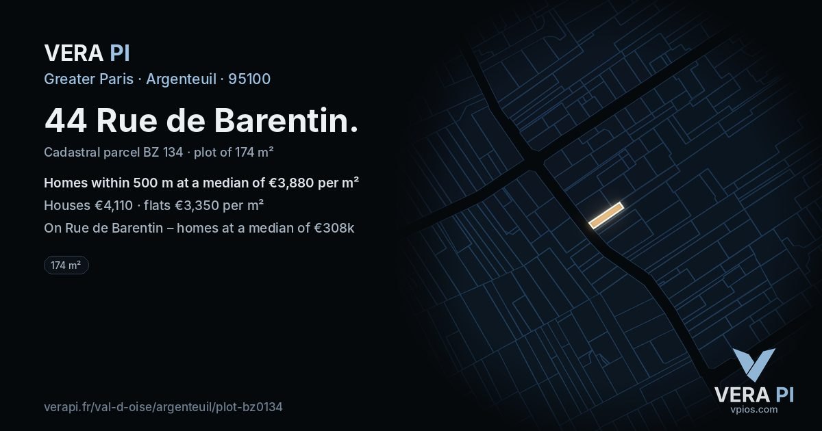 44 Rue de Barentin, Argenteuil at night – the plot lit, the parcels around coloured by the prices near them