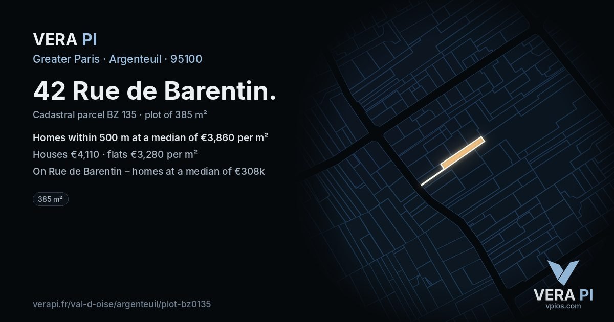 42 Rue de Barentin, Argenteuil at night – the plot lit, the parcels around coloured by the prices near them