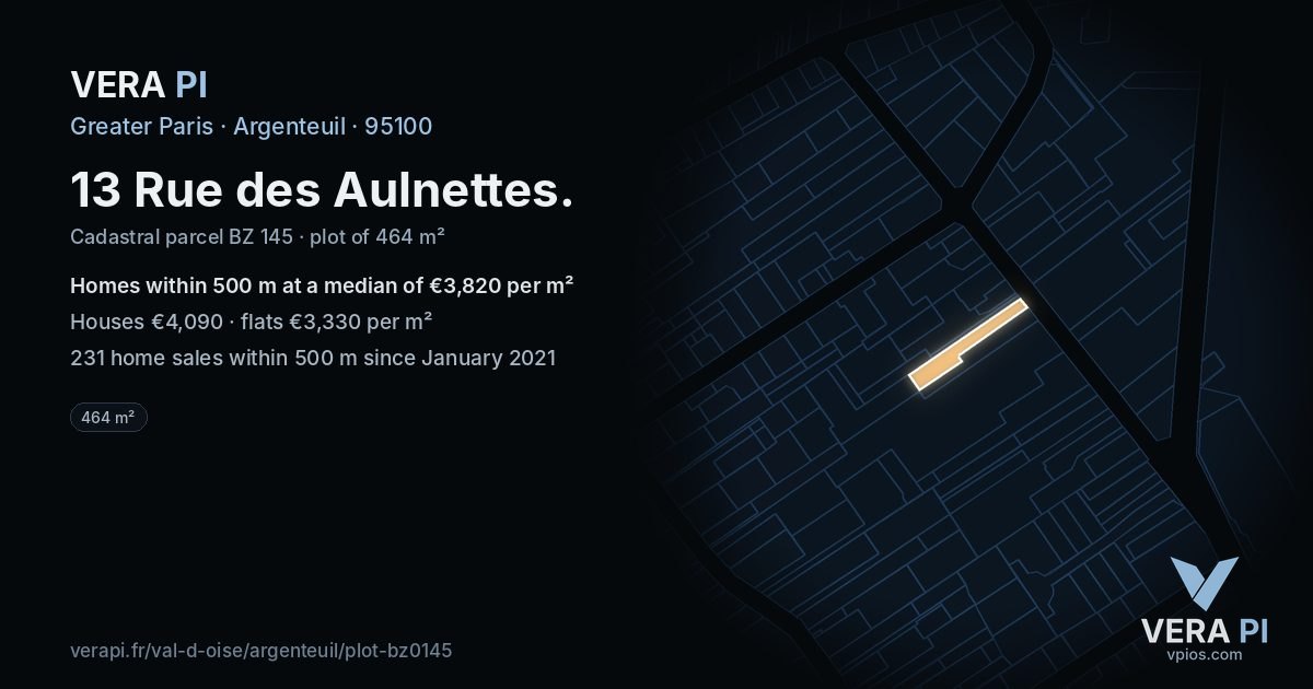 13 Rue des Aulnettes, Argenteuil at night – the plot lit, the parcels around coloured by the prices near them