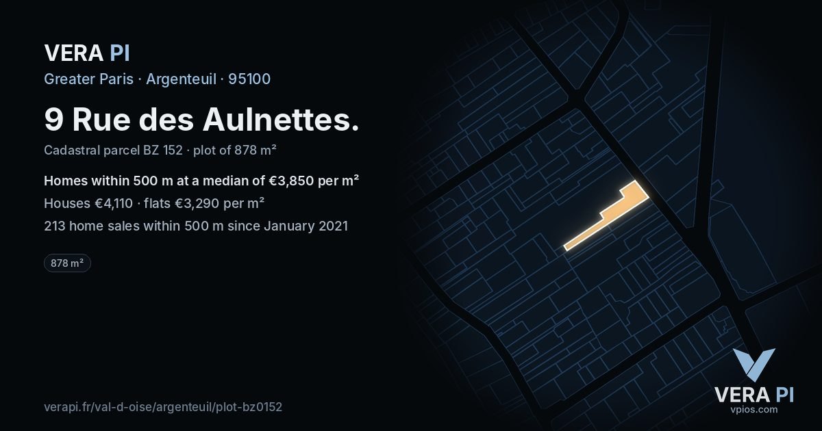 9 Rue des Aulnettes, Argenteuil at night – the plot lit, the parcels around coloured by the prices near them