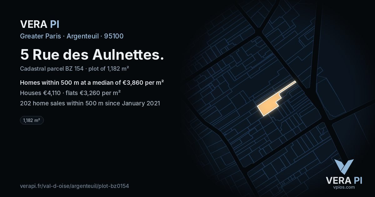 5 Rue des Aulnettes, Argenteuil at night – the plot lit, the parcels around coloured by the prices near them