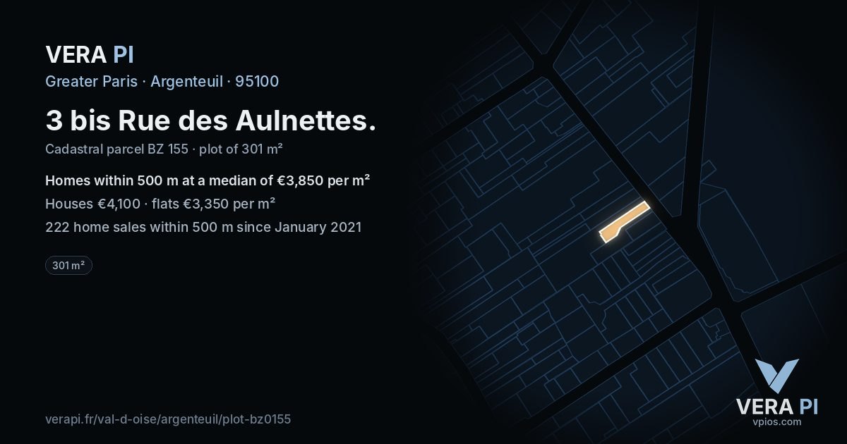 3 bis Rue des Aulnettes, Argenteuil at night – the plot lit, the parcels around coloured by the prices near them