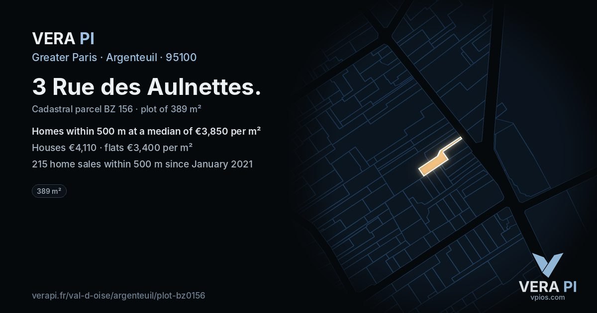 3 Rue des Aulnettes, Argenteuil at night – the plot lit, the parcels around coloured by the prices near them