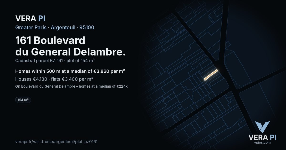 161 Boulevard du General Delambre, Argenteuil at night – the plot lit, the parcels around coloured by the prices near them