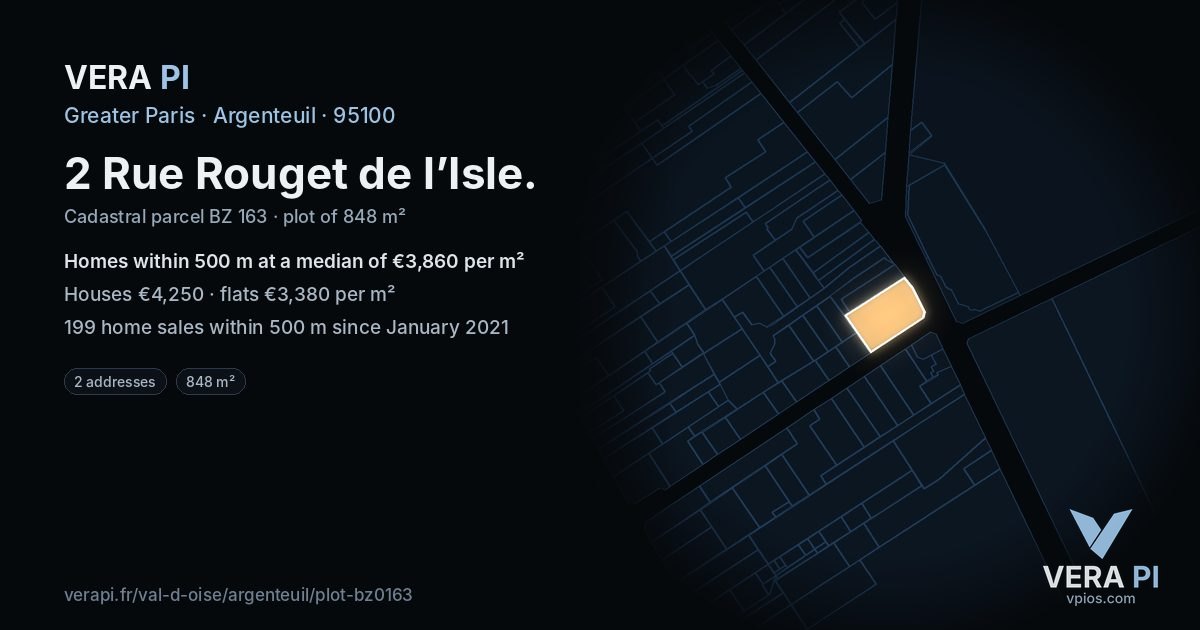 2 Rue Rouget de l’Isle, Argenteuil at night – the plot lit, the parcels around coloured by the prices near them