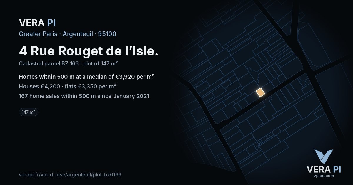 4 Rue Rouget de l’Isle, Argenteuil at night – the plot lit, the parcels around coloured by the prices near them